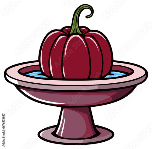 Cartoon red pumpkin gourd sitting in a decorative fountain bowl with water