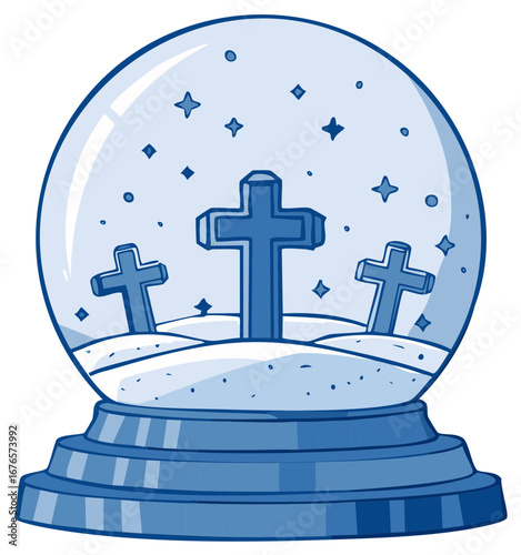 Winter wonderland snow globe with three Christian crosses and sparkling stars