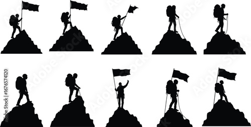 Mountaineer silhouettes, hiking on peak, climber with flag, trekking adventure, mountain victory, outdoor exploration, summit conqueror, extreme sport, success journey