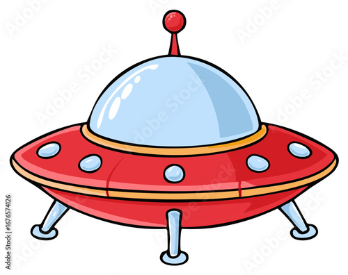 Cartoon depiction of a red and blue spaceship with large transparent bubble