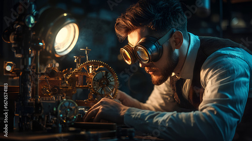 Steampunk man wearing goggles works on intricate clockwork mechanism in dim illuminated workshop
