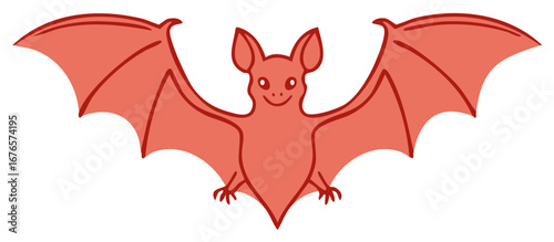 Smiling illustration of a flying bat in red, showing wings and happy expression