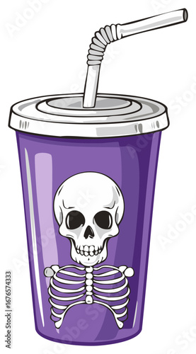 Spooky purple disposable cup with skull and ribcage design and a drinking straw for Halloween beverages