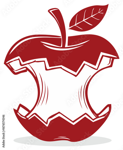 Vibrant red apple core graphic with stem and leaf symbolizing healthy eating or completion