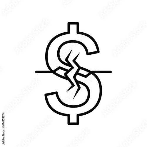 Economic Downturn: A stark, linear representation of the American Dollar symbol, split and fractured, graphically conveys economic instability. The impactful visuals portray financial strain.