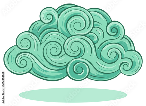 Cartoon Cloud with Swirls and Shadow Aquamarine Color Weather Element Fluffy Design