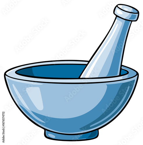 Blue mortar and pestle illustration for mixing and grinding herbs