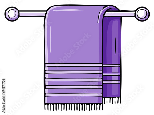 Purple striped bath towel hanging on a metal rack holder cartoon illustration