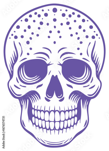 Violet Skull with Dots Vector Graphic, Simple Skull Drawing, Halloween or Day of the Dead Skeleton