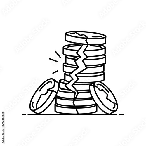 Economic Meltdown: A stark, illustrative depiction of a fractured stack of coins, symbolizing economic instability and the fragility of monetary systems, conveying the impact of financial turmoil.