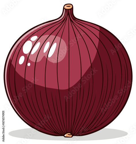 Illustration of a whole red onion with a shiny, reflective surface and distinct layers