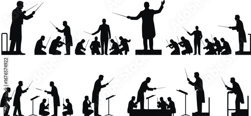 Orchestra conductor, music rehearsal, classical musicians, symphony performance, violin players, maestro leading, orchestra silhouettes, conductor podium, classical concert, music ensemble