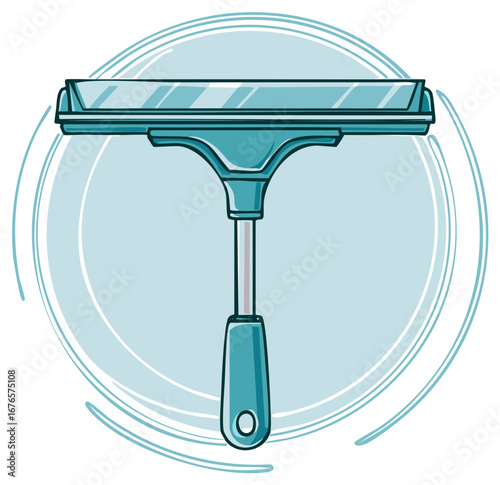 Illustration of a turquoise window cleaning squeegee with handle and a circle outline showing the cleaning motion.