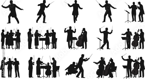 Orchestra conductor, music band, symphony performance, classical musicians, string instruments, violin players, cello ensemble, music concert, conductor silhouette, orchestra rehearsal