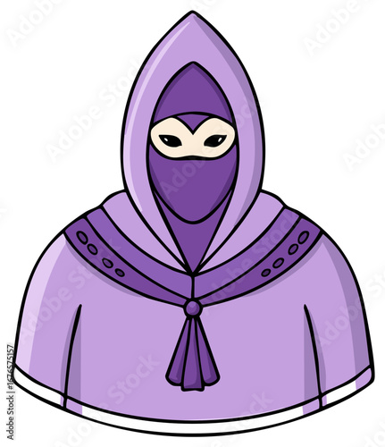 Mysterious figure in purple hooded robe and mask, enigmatic character, fantasy illustration