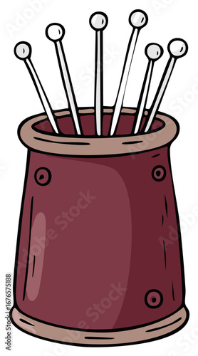 Red brown pin cushion with white head pins for sewing and crafting cartoon illustration