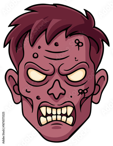 Angry Cartoon Zombie Head with Glowing Eyes and Sharp Teeth