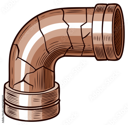 Damaged copper pipe elbow with cracks and fractures indicating leakage or wear