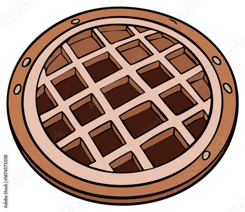 Stylized brown manhole cover illustration featuring a square grid pattern and metal bolts