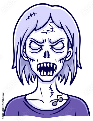 Angry purple zombie character illustration showing sharp teeth and scars a scary undead monster for horror themes