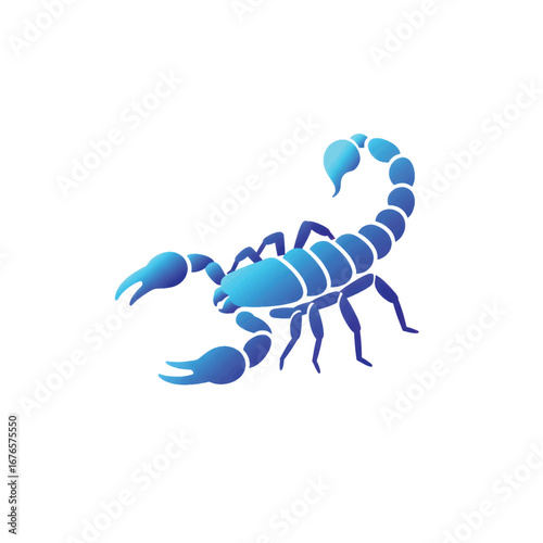 Stylized scorpion illustration with a vibrant blue gradient segmented body and curved tail.