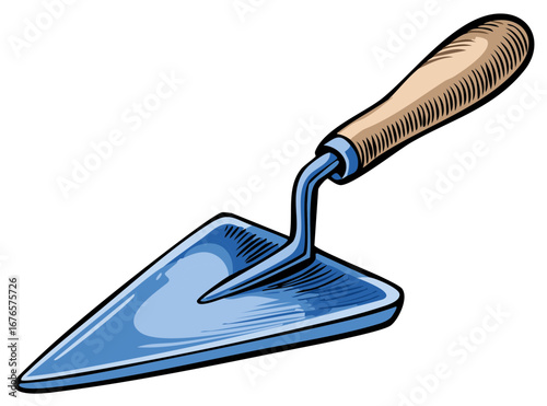 Illustration of a pointing trowel with a wooden handle and blue metal blade on a white background