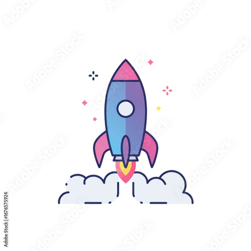 Colorful cartoon rocket launching with pink fins emitting smoke and flames.