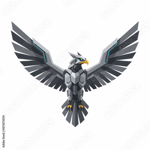 Futuristic robotic eagle with spread metallic wings and glowing cyan circuitry.