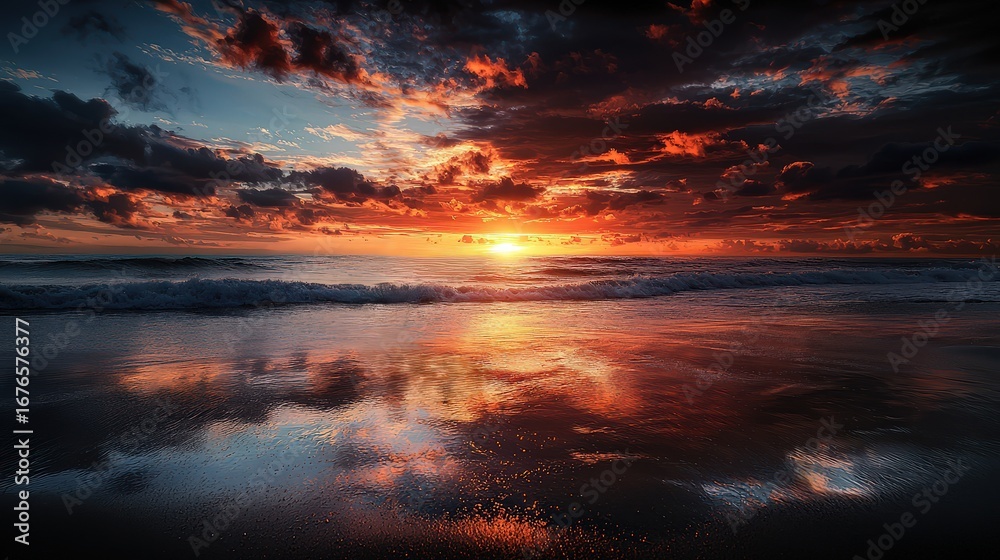 Fototapeta premium Sunset reflection over calm ocean waves coastal beach nature photography serene environment wide angle tranquility and beauty