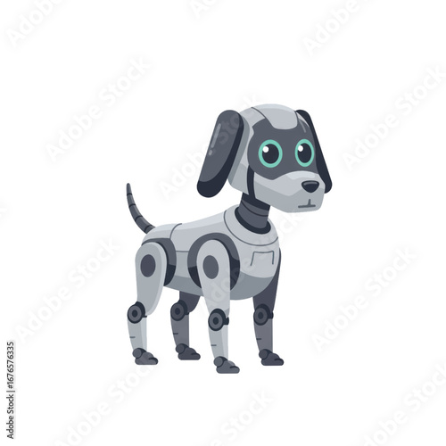 A cute grey robotic dog with large turquoise eyes and articulated joints standing in profile.