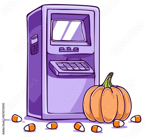 Halloween themed ATM machine illustration with pumpkin and candy corn.