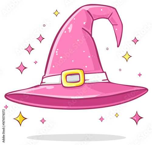 Pink Witch Hat with Buckle Surrounded by Sparkling Stars for Halloween Celebration