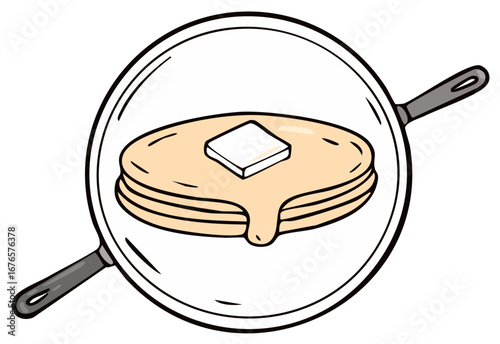 Cartoon Pan Full of Fluffy Pancakes with Melting Butter Perfect for Breakfast Brunch Graphic Design Elements