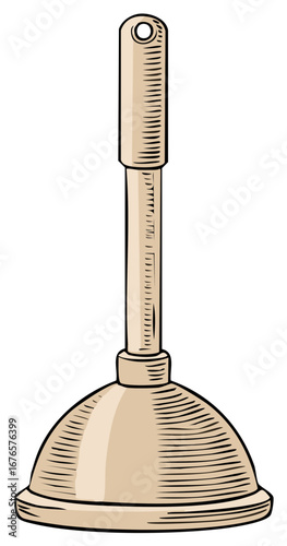 Simple Rubber Plunger with Wooden Handle Repairing Plumbing Problems Drawing