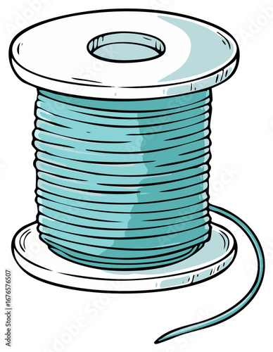 Illustration of a spool of turquoise thread with a trailing end