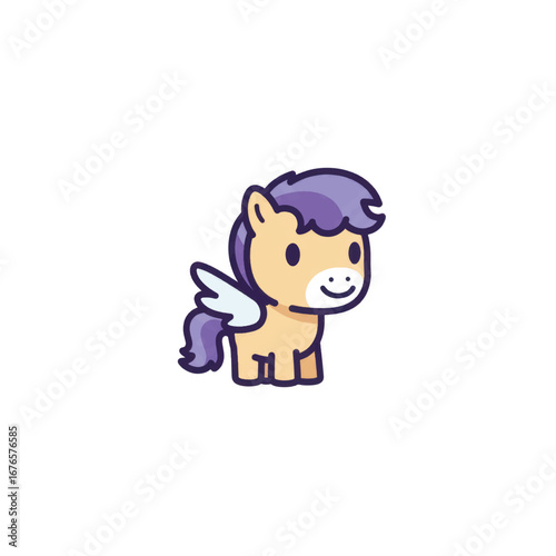 Adorable cartoon pegasus with a purple mane and tail A cute smiling winged horse character in a simple chibi style.