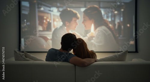 静かに寄り添う恋人 柔らかな光の中 映画を楽しむ夜. AI Generated