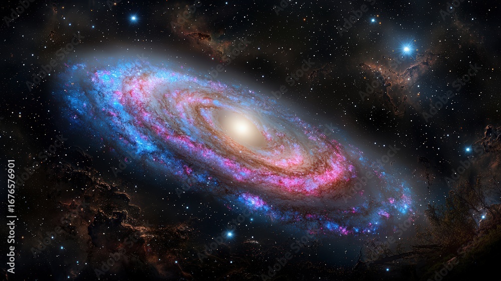Naklejka premium Stunning cosmic spiral galaxy outer space digital art vast universe awe-inspiring view astronomical wonders