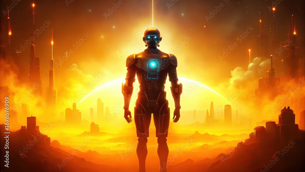 Fototapeta premium reinforcement learning A futuristic robot stands against a glowing sunset in a sci-fi landscape.