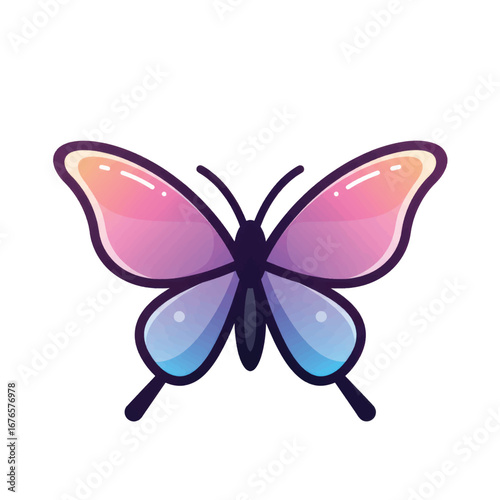 Stylized butterfly illustration with glossy pink purple and blue gradient wings.