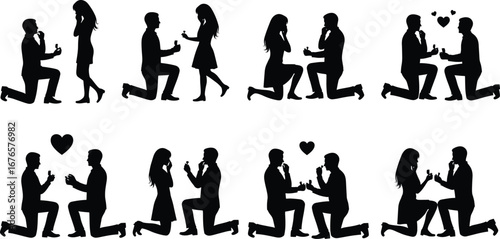 Romantic proposal silhouettes, engagement couple illustration, man on knee with ring, wedding design vector, love moment art, romantic gesture scene