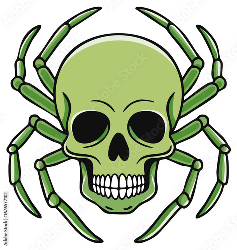 Green Skull with Spider Legs, Halloween Horror Concept Illustration