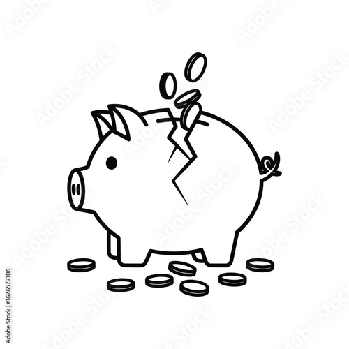 Broken Piggy Bank: A distressed piggy bank with a large crack in its side has coins spilling out, representing financial woes. The image highlights the fragility of savings.