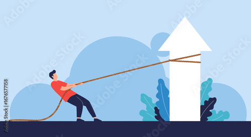 Dynamic illustration of determination to pull arrow upwards for business growth and success