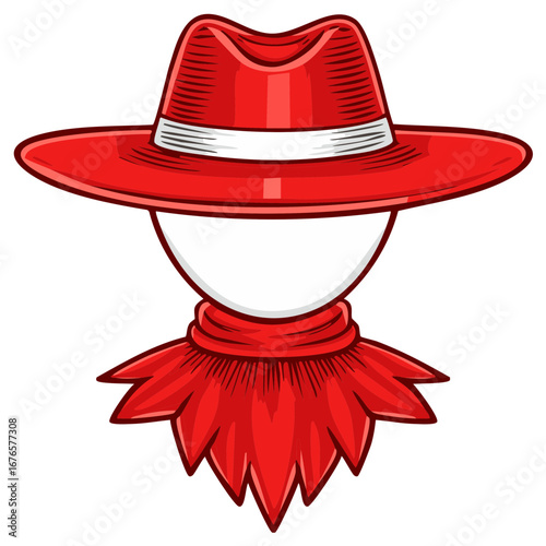 Stylized person wearing a red fedora hat and collar with artistic flair
