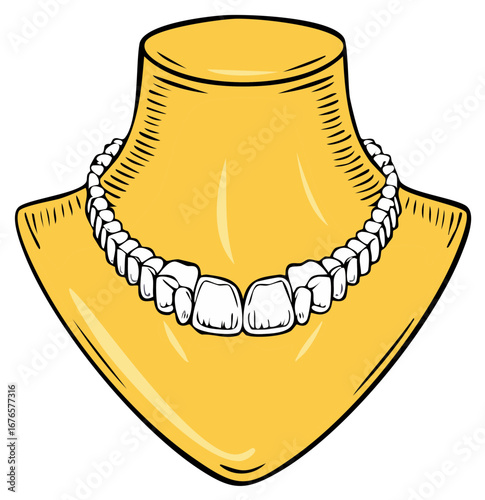 Dental inspired necklace featuring white teeth beads displayed on a yellow mannequin stand illustration