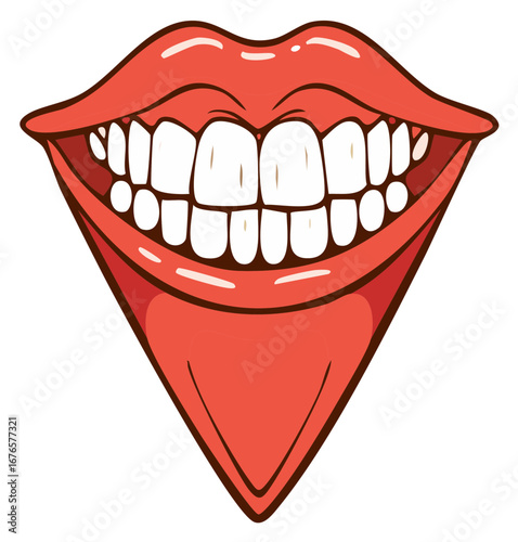 Cartoon Illustration of Open Mouth with White Teeth and Red Lips Smiling Widely
