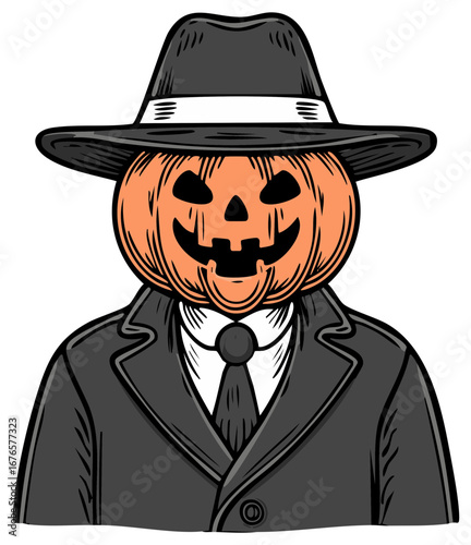 Halloween Pumpkin Head Man in Suit and Hat: Spooky and Festive Character