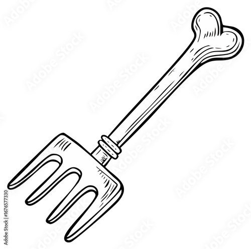 Whimsical garden fork with a bone-shaped handle in hand-drawn outline style