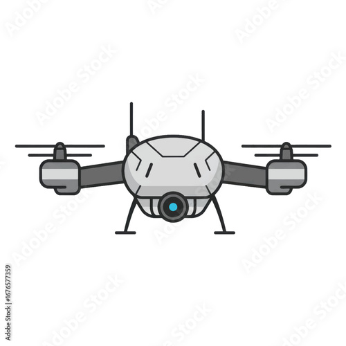 Front-facing grey cartoon quadcopter drone with a blue camera lens and four propellers.